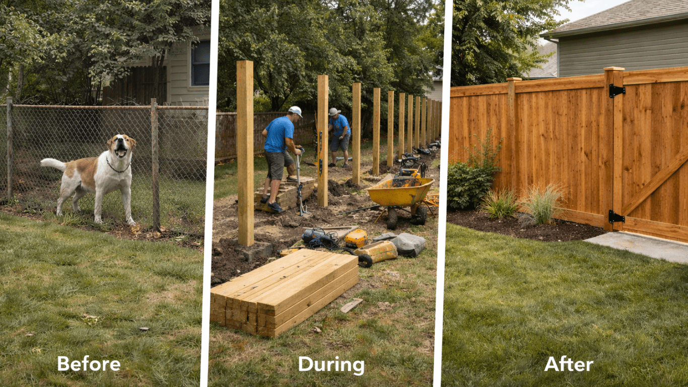 Before and after privacy fence installation showing old chain-link fence, new post installation, and finished cedar privacy fence in Johnson County, Kansas