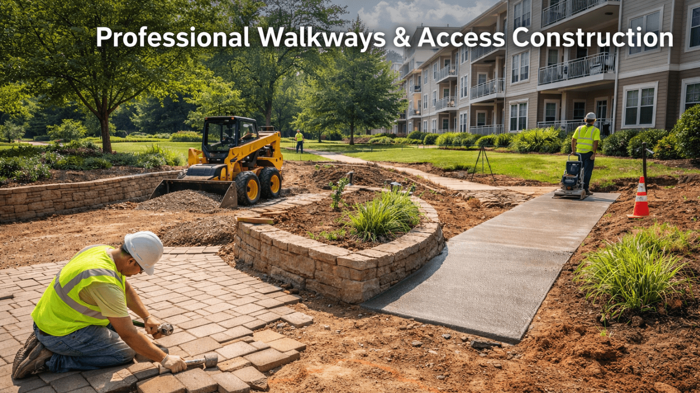 Professional walkway and access construction with concrete paths and stone pavers for HOA and commercial properties in Johnson County, Kansas.
