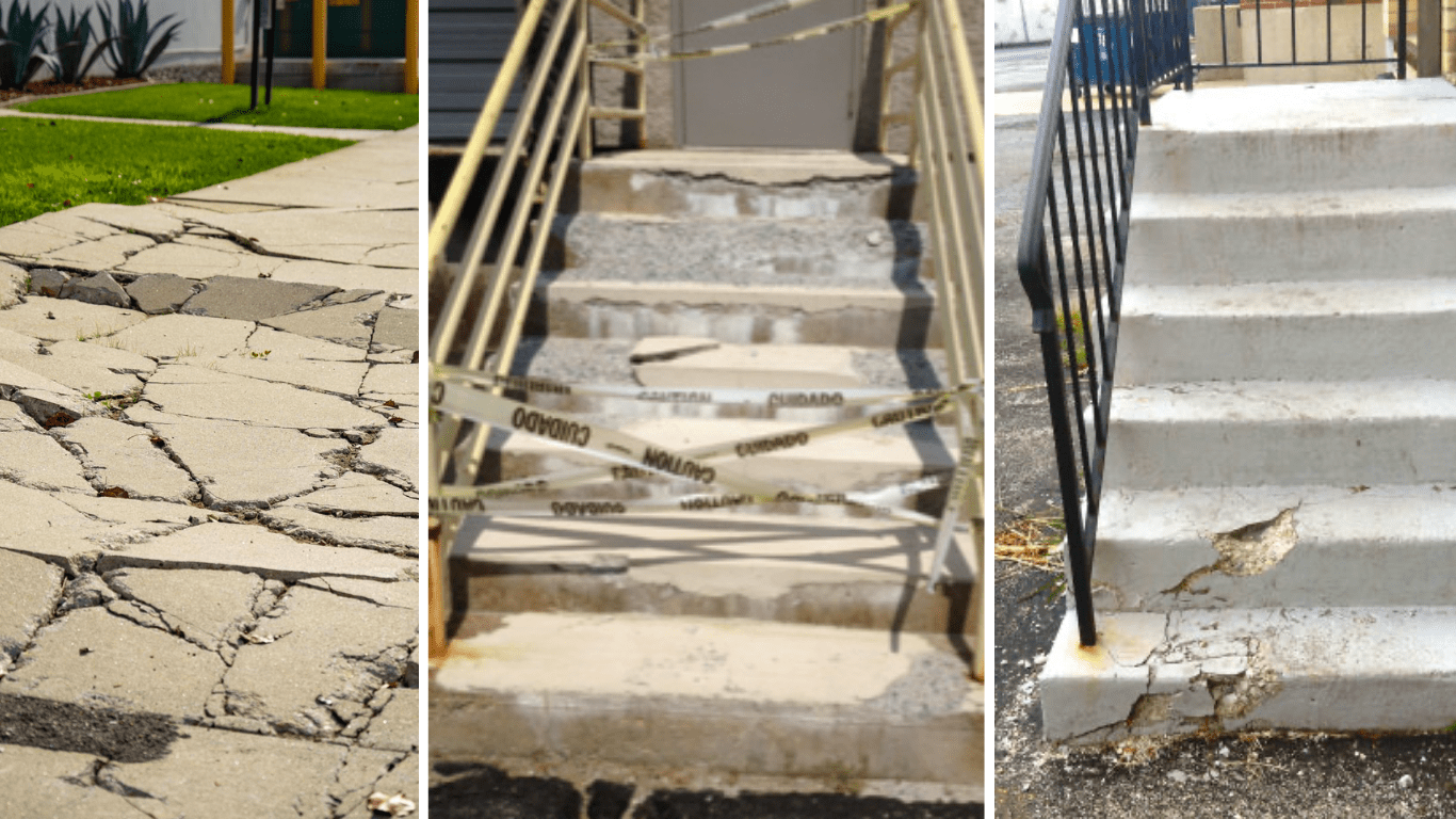 Damaged walkways and access paths showing erosion, water pooling, and safety hazards on commercial and HOA properties in Johnson County Kansas