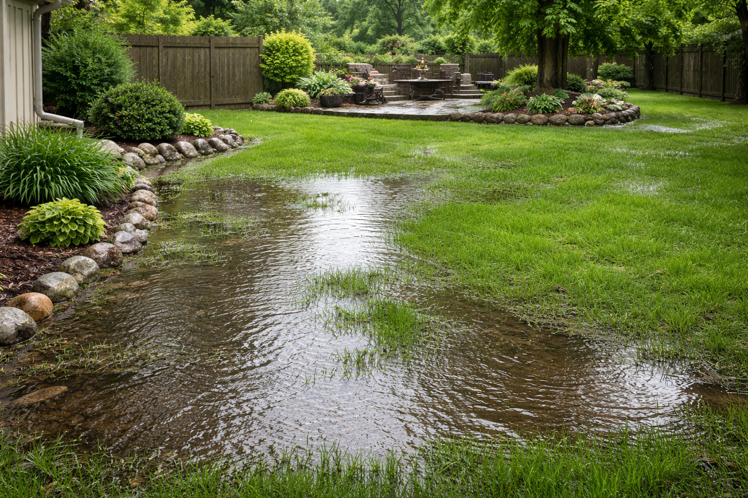 standing-water-in-yard-johnson-co-ks Yard with standing water and greenery